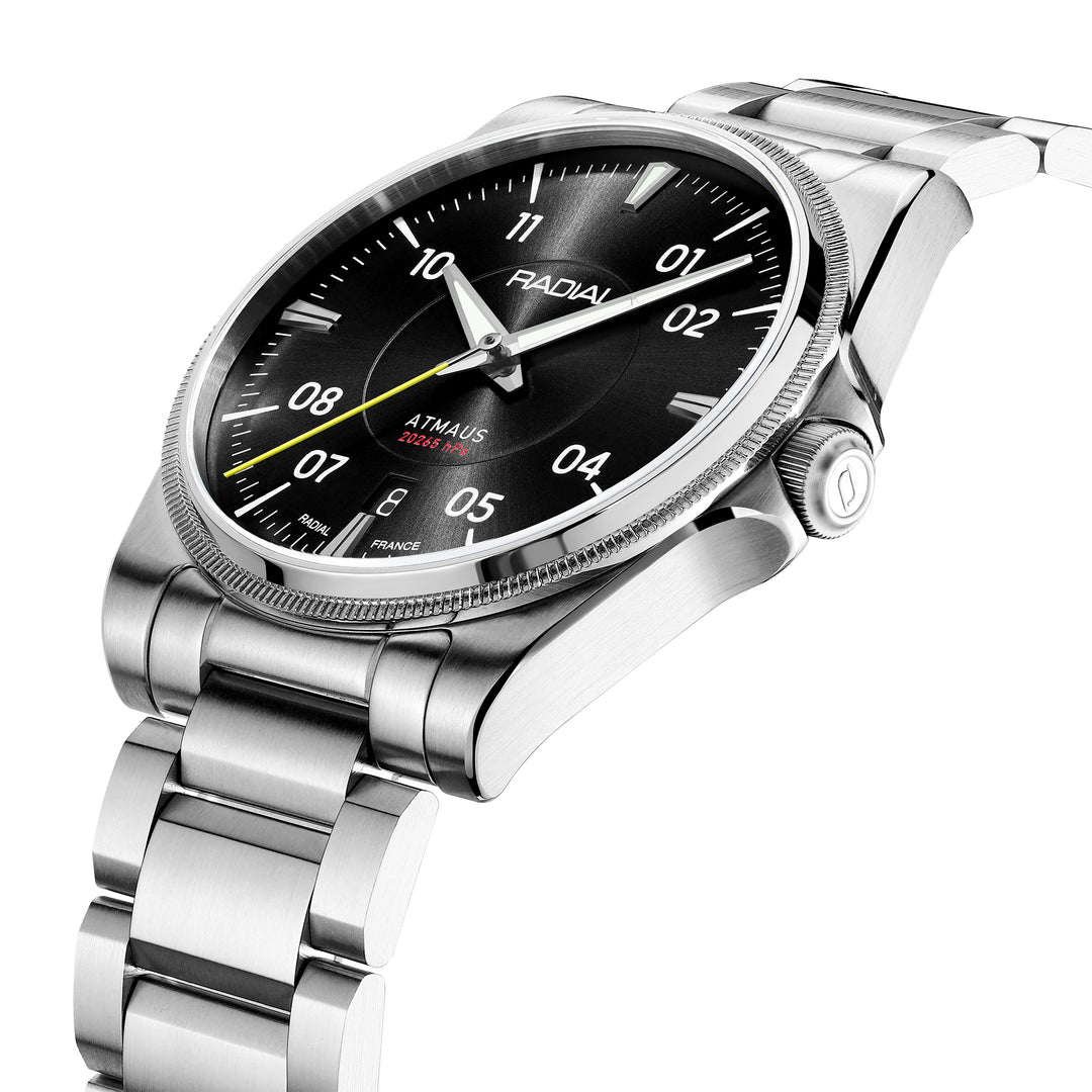 Radial ATMAUS Classique 002 black dial angled case on metal bracelet