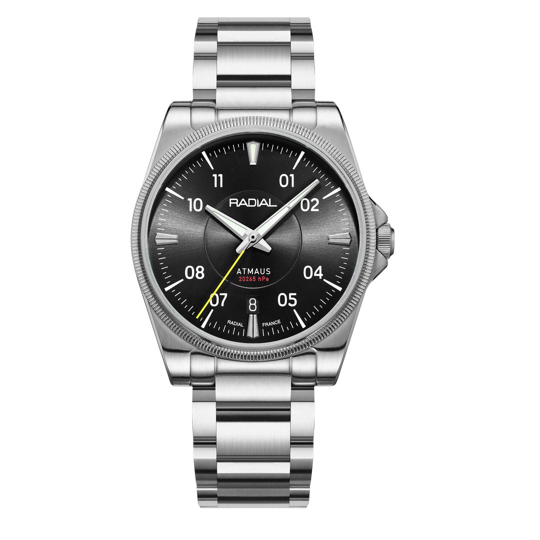 Radial ATMAUS Classique 002 black dial front on steel bracelet